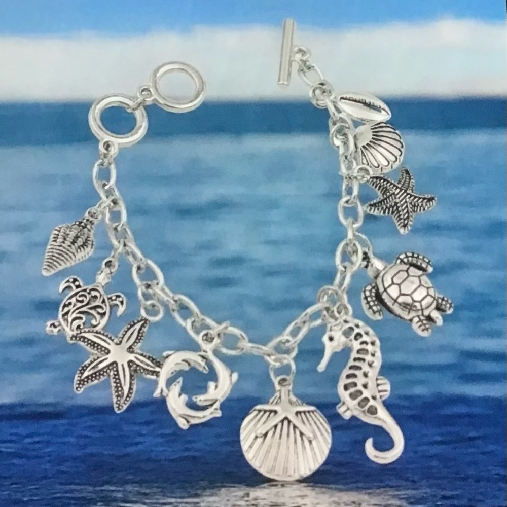 Silver Charm Bracelet with Ocean-Themed Charms